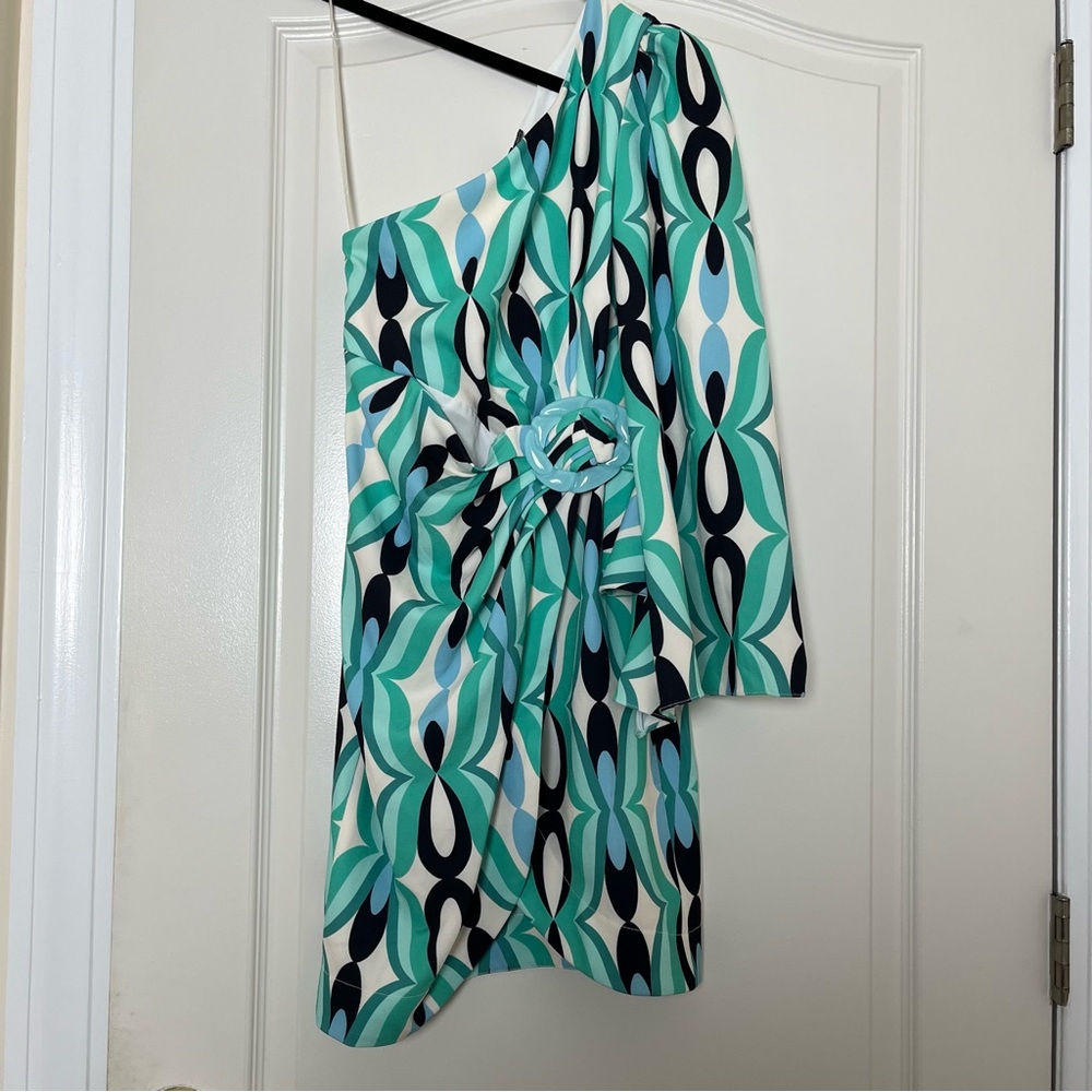NWT Patbo Twist One Shoulder Mini Dress in Piscene‎ Blue Size 2 - Picture 2 of 5